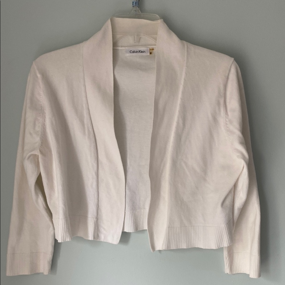 Calvin Klein Cream Cropped Shrug with Shawl Collar